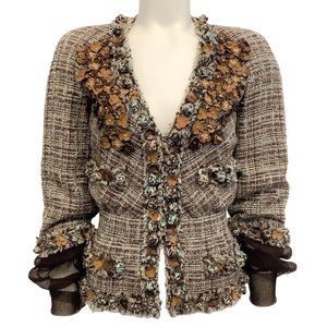 Chanel Brown / Green Tweed Jacket with Sheer Sleeves